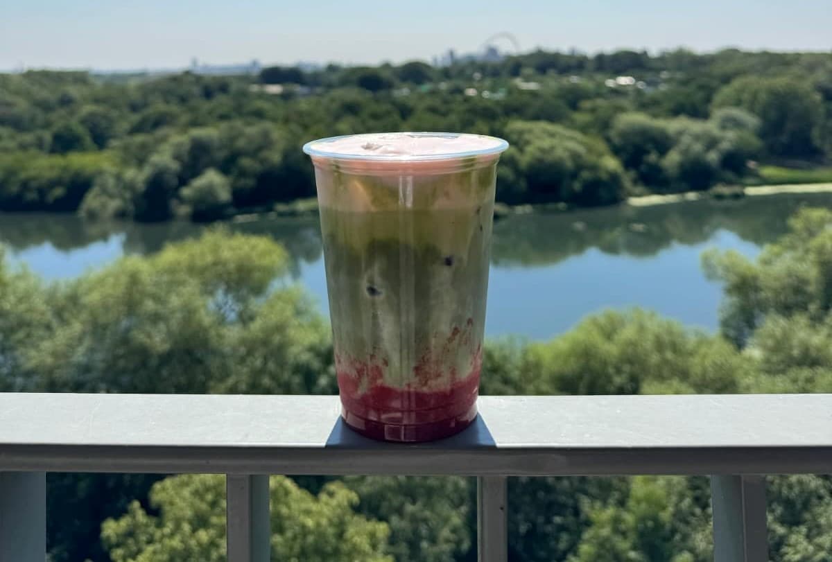 Strawberry matcha overlooking Hendon Waterside